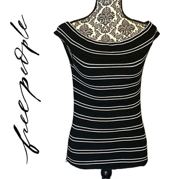 Free People Off the Shoulder Black and White Stripe Tee - Size L - Picture 3 of 3